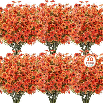 Besteek 20 Bundles Artificial Fall Flowers for Outdoors Decoration, Fake Mums Silk Daisy Faux Plastic Plants Boston Fern UV Resistant for Autumn Thanksgiving Garden Planters Home Decor, Orange