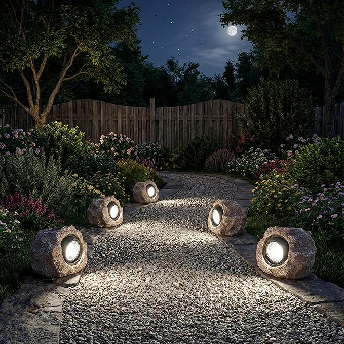 Solar Garden Rock Lights Outdoor - IP65 LED Waterproof Solar Spotlight, Solar Powered Landscape Lights Decorative Garden Stone Light for Pathway, Walkway, Yard, Patio (4 Pack)