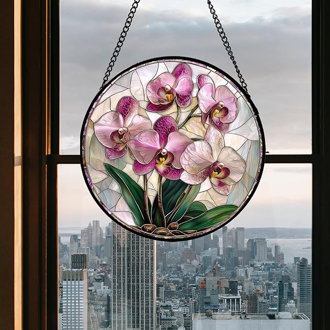AMDERVEN Stained Glass Window Hanging - Pink Purple Phalaenopsis Flowers Sun Catcher for Door Home Decor Plant Suncatcher Christmas Mother's Day Birthday Gifts for Women Men Mom Nana 15 in