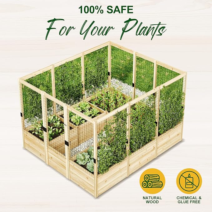 AMERLIFE Raised Garden Bed with Deer Proof Fence, 7.5Wx9Dx6H Outdoor Wooden Raised Garden Bed Planter with 19" Depth Planter Box