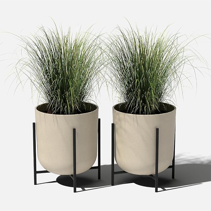 Veradek Mason Series Raised Lima Planter - Round Planter for Patio/Balcony | Plastic-Stone Composite w/Metal Plant Stand | Modern Décor for Plants
