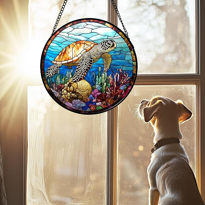 Stained Glass Window Hanging Blue Sea Ocean Coral Turtle 7.8" - Suncatcher Door Garden Sunroom Sun Catcher Home Decor Birthday Christmas for Mom Men Woman Nana