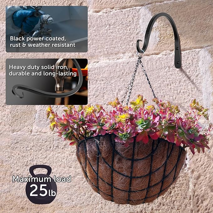 Worth Garden 6-Pack 8" Plant Hanger Bracket - Hand-Forged Wrought Iron Powder-Coated Heavy Duty Wall Hooks - Black Curved Plant Hanging Hooks for Bird Feeders, Flower Baskets, Indoor & Outdoor Use