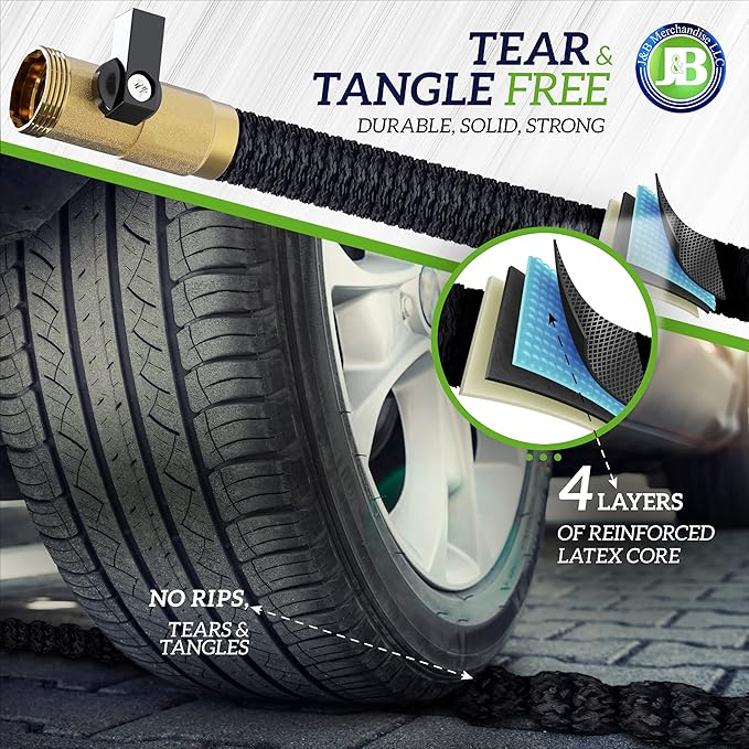 J&B XpandaHose 75ft Expandable Garden Hose – Ultra-Strong 3750D, 4-Layer Latex Core, Brass 3/4" Connectors, 10-Pattern Nozzle & Storage Bag – Lightweight, Kink-Reducing, Leak-Resistant
