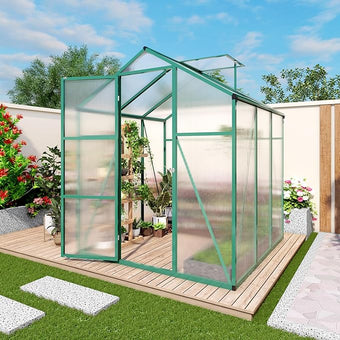 KEIKI Walk-in 6x6 FT Polycarbonate Greenhouse, Aluminum Frame Outdoor Greenhouse with Roof Vent, Anchor Base & UV-Blocking Panels for Backyard Gardening, Green
