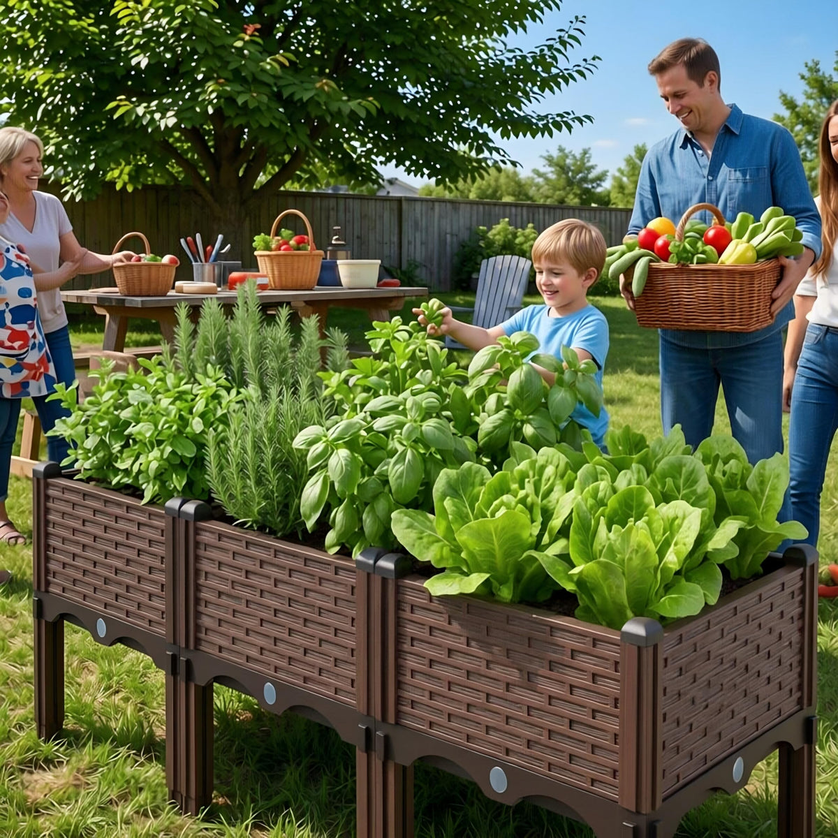 Growchum Modular Raised Garden Bed Kit – DIY Stackable Plant Stand with Self-Watering, 47.24"x15.75"x14.17" Brown Plastic Planter for Herbs, Veggies & Flowers, Includes Vertical Trellis System