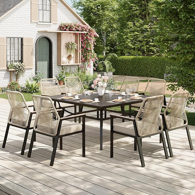 9 Pieces Outdoor Dining Set for 8, Patio Dining Set Wicker Rattan Chairs with Soft Cushion and Square Table with Umbrella Hole, Wicker Patio Table and Chairs for Backyard Porch