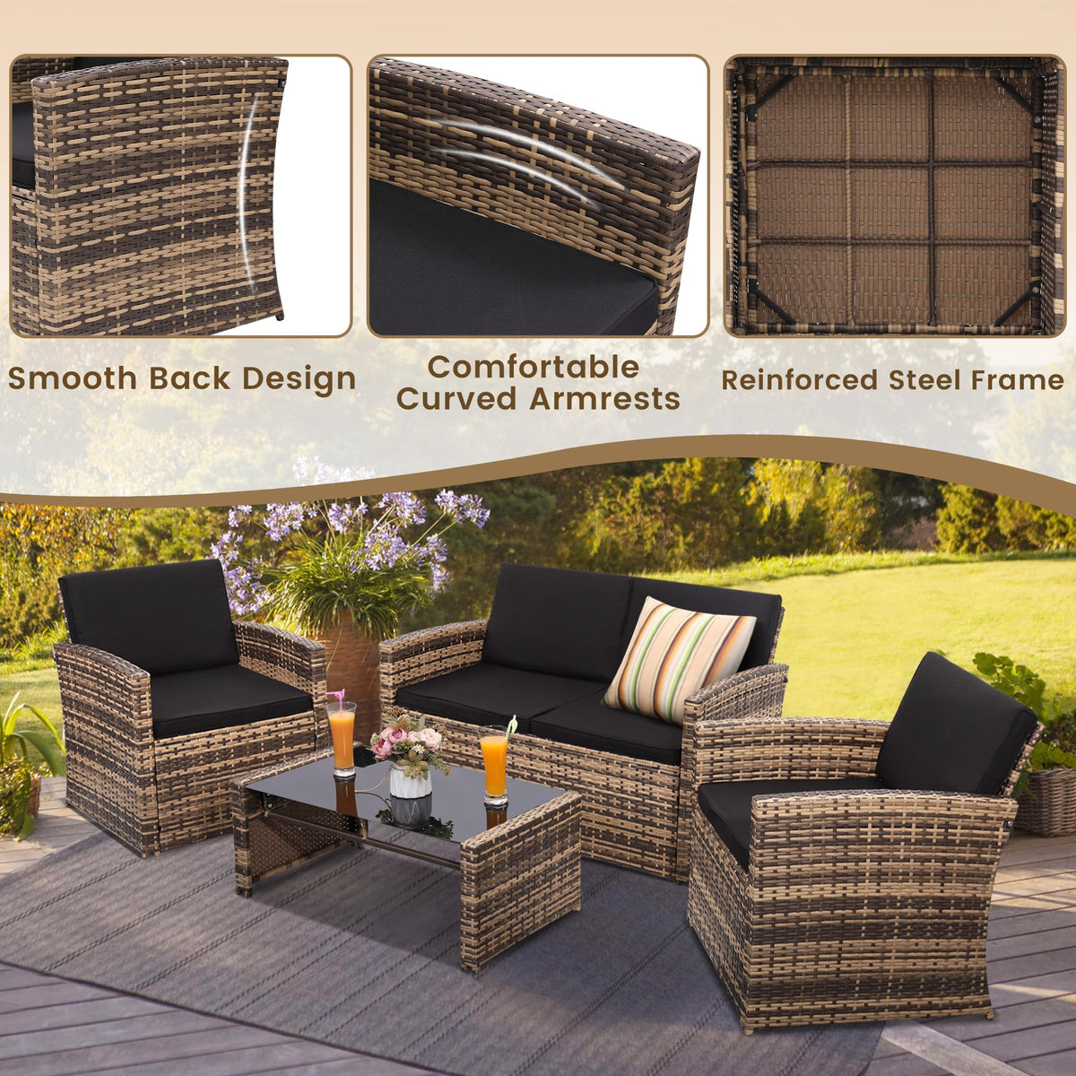 KROFEM 4 Piece Patio Furniture Set, Outdoor Wicker Conversation Set