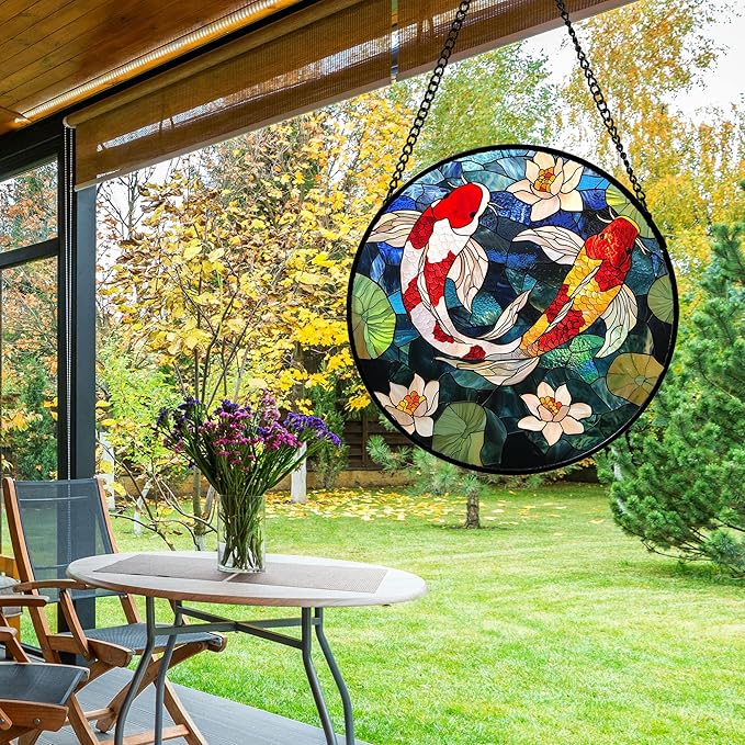 AMDERVEN Stained Glass Window Hanging, Koi and Lotus Sun Catcher for Door Home Decor Fish Suncatcher Christmas Mother's Day Birthday Gifts for Women Men Mom and Nana 9.8 in