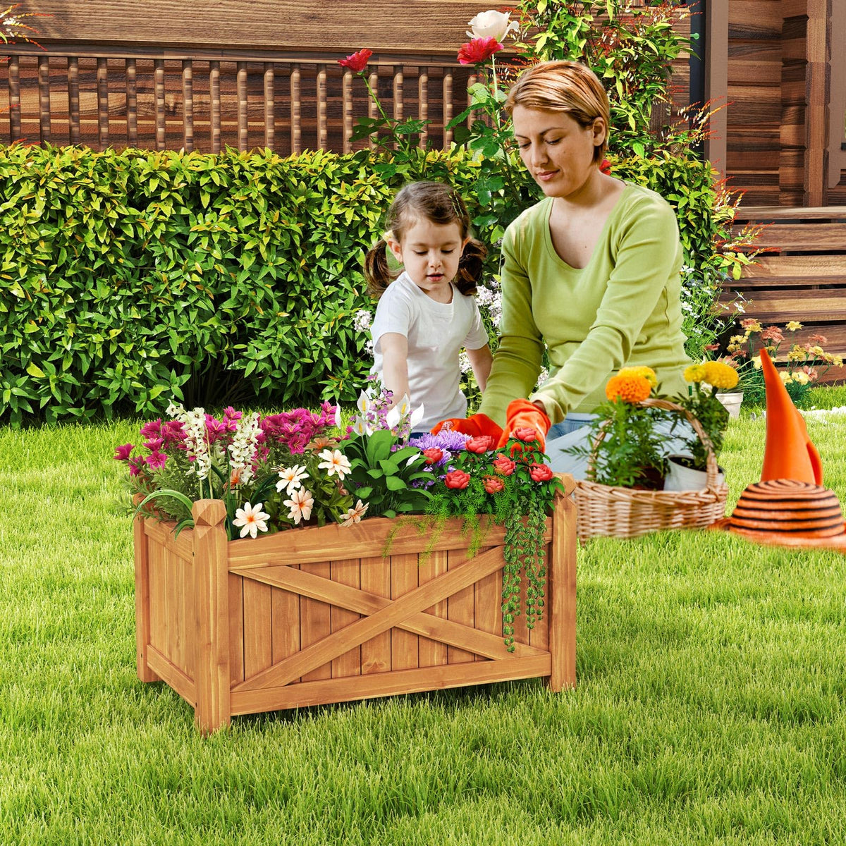 HAPPYGRILL 25”x 16”x 15” Wooden Raised Garden Bed with Drainage Holes