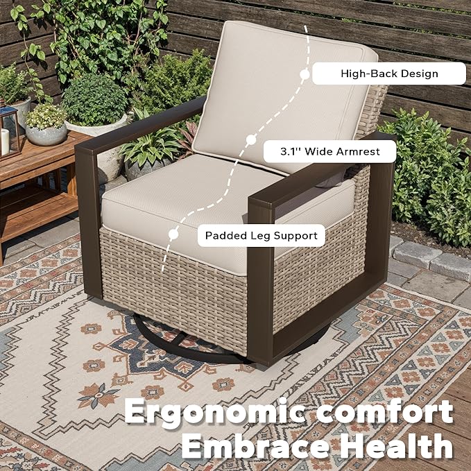 Joyside Outdoor Patio Swivel Rocker Chairs, 4 Pieces Wicker Furniture Set, 2 Swivel Rocking Chairs and 2 Ottoman, Metal Wide Armrest, Thick Cushions and Deep Seating for Garden, Backyard, Porch, Deck