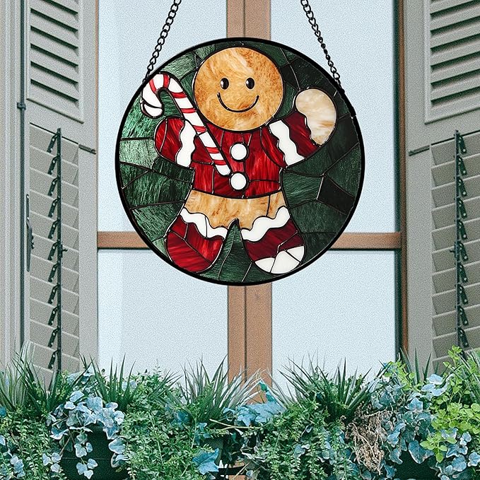 AMDERVEN Stained Glass Window Hanging 4 Pcs Set Red Christmas Stockings and Gingerbread 7.8" - Suncatcher Door Garden Sun Catcher Decor Birthday Mother's Day Xmas Gifts for Mom Woman Nana Men