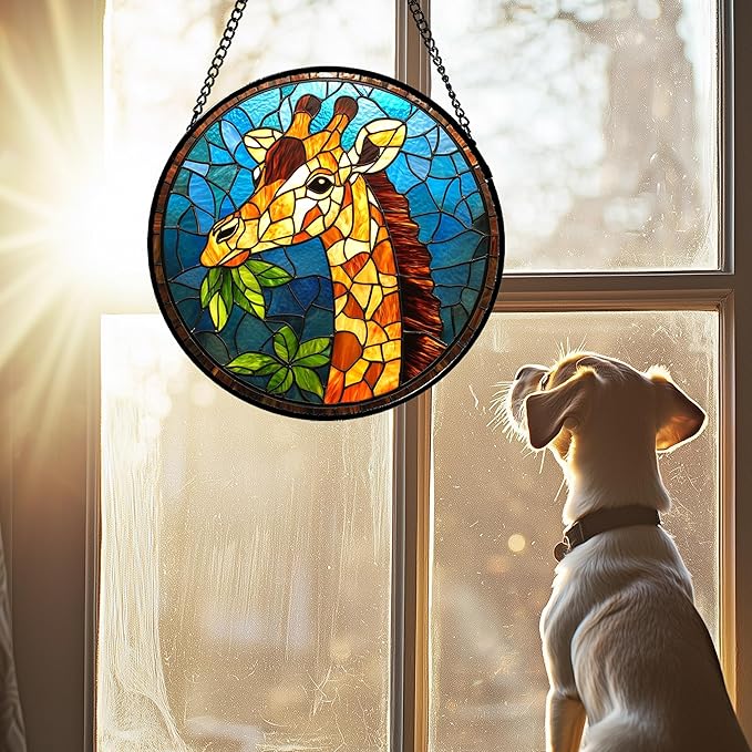 Stained Glass Window Hanging Orange Giraffe Blue Green Leaves 6.3" - Suncatcher Door Garden Sunroom Sun Catcher Home Decor Birthday Christmas for Mom Men Woman Nana