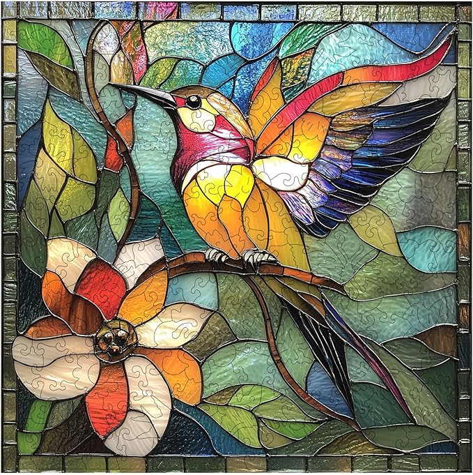 Qiuenisray Wooden Puzzles for Adults, Stained Glass Hummingbird Puzzle 200 Piece, FSC Certified Unique Animal Shape Wood Puzzles, Bird Jigsaw Puzzles for Family Friend 11.2x11.2 in