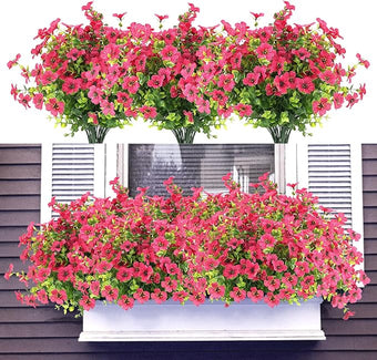 Artificial Flowers for Outdoors UV Resistant, 12 Bundles Fake Silk Flowers Outside Fade Resistant Faux Plants for Outdoor Planters, Window Box, Front Porch-Fuchsia