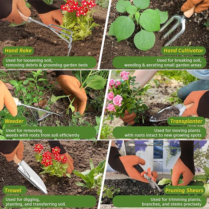 22Pcs Garden Tools Set for Women,Heavy Duty Hand Tool Kit with Large Tote Bag/Repotting Mat/Trowel/Rake/Pruner/Gloves/Plant Tags,Gardening Gifts for Mom Gardener Beginner-Green