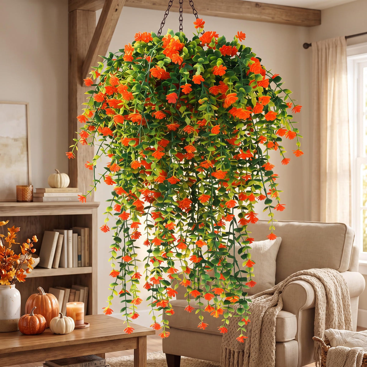 FineCheer 6 Pcs Fall Artificial Hanging Flowers Outdoor, Orange, Plastic