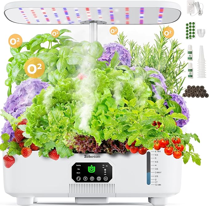 Misting Hydroponic Growing System Kit 15-Pods Indoor Smart Herb Garden Planter with LCD Touch Panel 6L Large Tank for Herb/Vegetables/Flowers/Fruits,Gardening Gifts for Women Men Beginners-White
