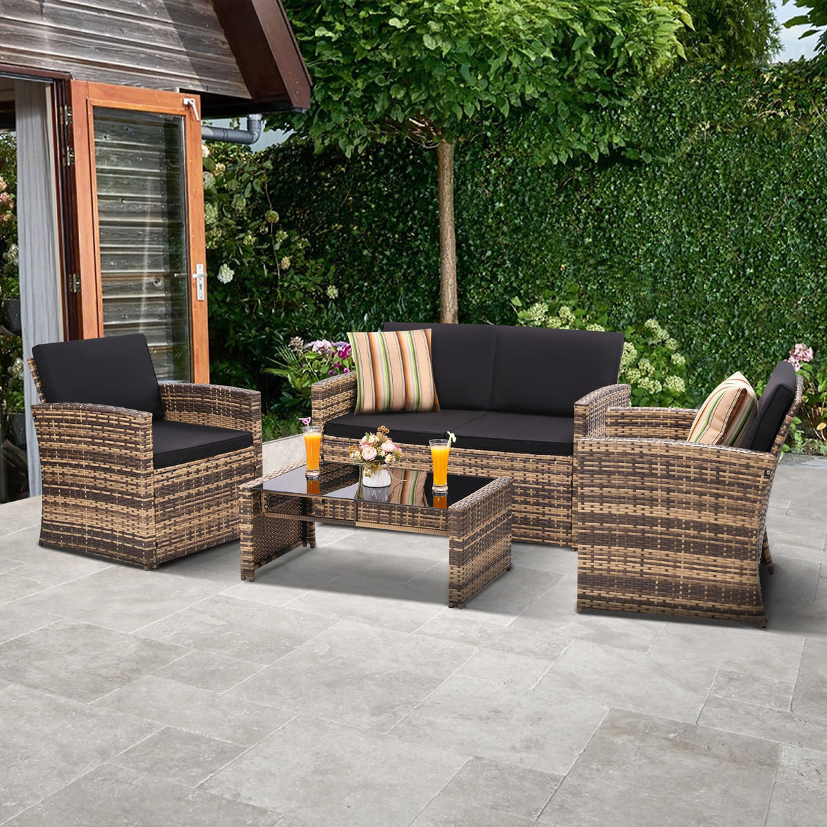KROFEM 4 Piece Patio Furniture Set, Outdoor Wicker Conversation Set
