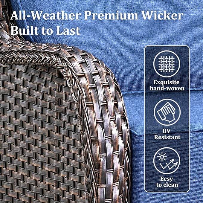 Luxury High Back Patio Furniture Set with Fire Pit Table & 6-Inch Thick Cushions, 5-Pieces Outdoor Furniture with 4 Swivel Chairs, Wicker Conversation Set for Porch, Balcony, Deck and Yard, Brown/Blue