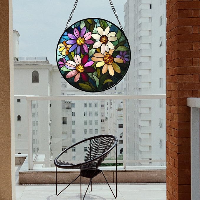 Stained Glass Window Hanging - Colorful Daisies Suncatcher for Door Garden Patio Retro Flower Sun Catchers Decor Christmas Mother's Day Birthday Gifts for Women Mom Nana Aunt Friend 11.8 in