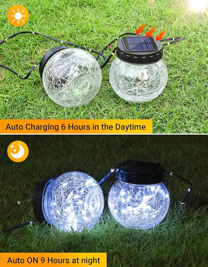 PARTPHONER Solar Lights Outdoor Waterproof 12-Pack, Solar Powered Hanging Lantern Cracked Glass Hanging Globes for Yard Decor Christmas Decoration, Shepherd Hook, Garden Tree Ornaments, Cold White