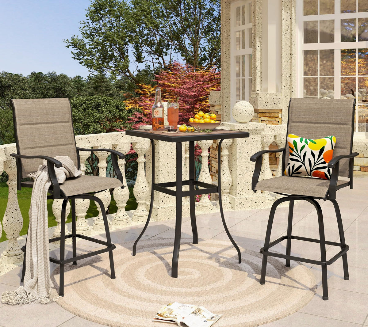 PHI VILLA 3 Piece Outdoor Swivel Bar Stools Set, Bar Height Patio Set