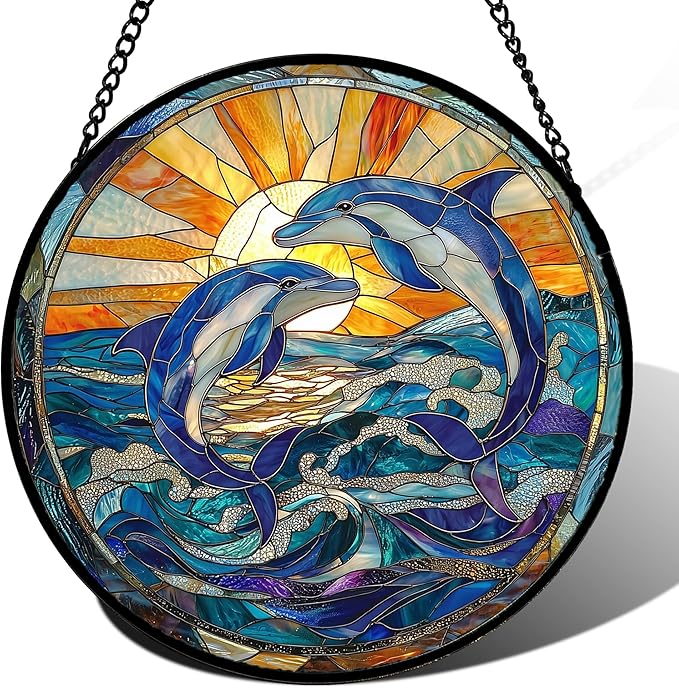 DASTOLL Stained Glass Window Hanging, Blue Dolphin Sun Catchers Colorful Glass Panel Sunrise Sea View Suncatcher Decor for Birthday for Women, Men, Wife, Aunt, and Mom 14.9x14.9 in