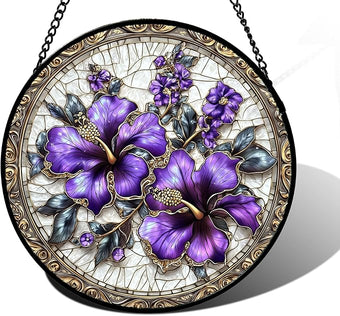 Stained Glass Window Hanging, Purple Flowers Romantic Suncatcher for Doors Home Sun Catchers Decoration and Christmas, Mother's Day Birthday Gifts for Women, Men, and Mom 11.8x11.8 in