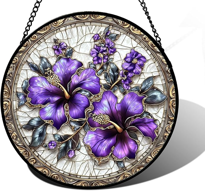 Stained Glass Window Hanging, Purple Flowers Romantic Suncatcher for Doors Home Sun Catchers Decoration and Christmas, Mother's Day Birthday Gifts for Women, Men, and Mom 7.8 in