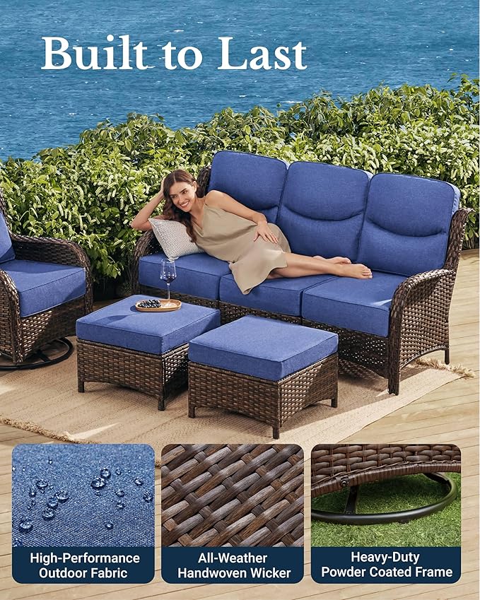 HILLGA Luxury Patio Furniture Set with 6-inch Thick Cushion, Outdoor Couch and High Back Swivel Rocker Patio Chairs, 11PCS Wicker Conversation Set for Deck Yard and Poolside, Blue (V2)
