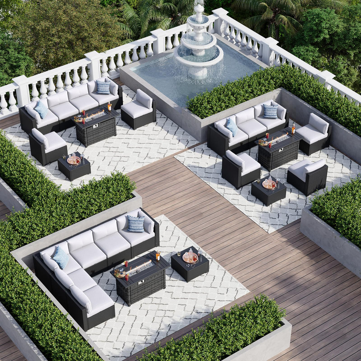 Aoxun 8 Piece Patio Furniture Set with 44” Fire Pit Table, Wicker Rattan Patio Sectional Sofa, Outdoor Furniture Set with Thickened Cushion, Light Gray