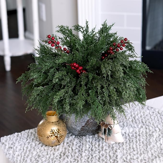 Cedar Stems Artificial Norfolk Pine Branches for Christmas Decor, 12 PCS Fake Pine Stems with 3 PCS Red Berries Branches Realistic Fake Plants Faux Greenery for Vases DIY Garland Xmas Table Indoor