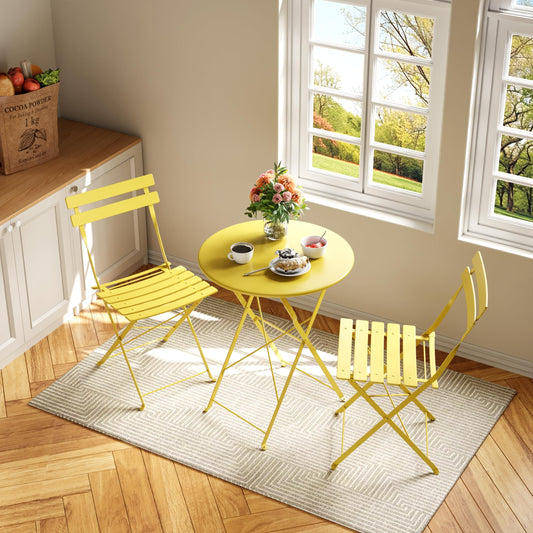 IDEALHOUSE 3-Piece Outdoor Patio Bistro Set – Foldable Metal Table and 2 Chairs, Weather-Resistant, Space-Saving Garden Furniture for Balcony, Deck, Yard, Modern Small Space Conversation Set, Yellow