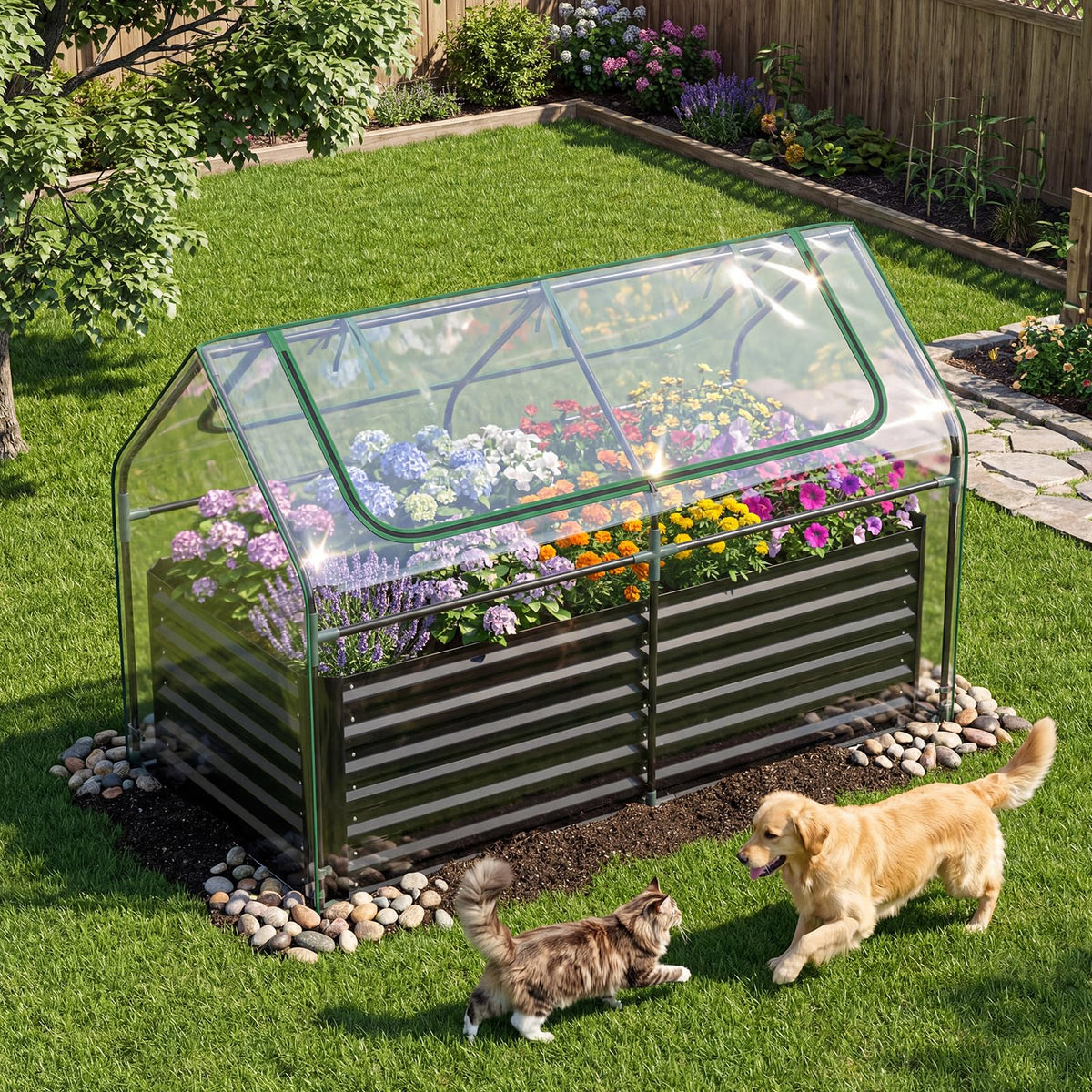 HAPPYGRILL Raised Garden Bed with Cover & 2 Roll-up Windows