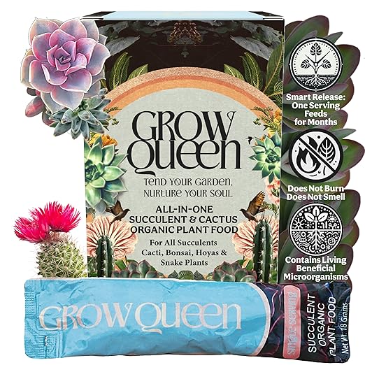 Grow Queen Complete Organic Cactus & Succulent Fertilizer, Succulent Plant Food & Cactus Food, Bonsai, Snake Plant Fertilizer, 7 Servings Fast & Slow Release Feeds up to 28 Plants 8 Months
