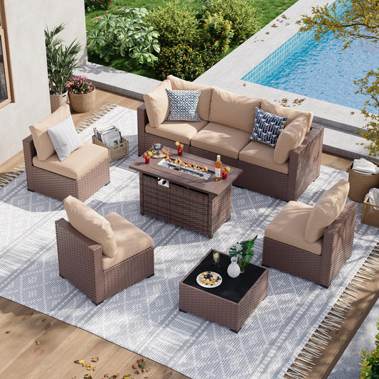Aoxun 8 Piece Patio Furniture Set with 44” Fire Pit Table, Wicker Rattan Patio Sectional Sofa, Outdoor Furniture Set with Thickened Cushion, Brown