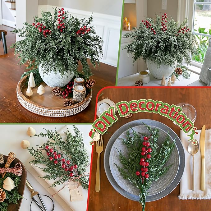 Cedar Stems Artificial Norfolk Pine Branches for Christmas Decor, 12 PCS Fake Pine Stems with 3 PCS Red Berries Branches Realistic Fake Plants Faux Greenery for Vases DIY Garland Xmas Table Indoor