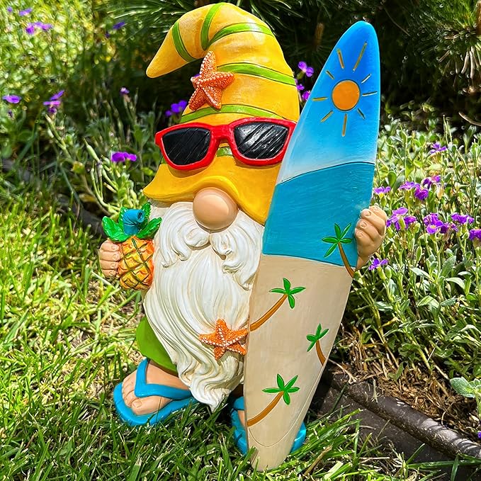 Mood Lab Garden Gnome - Surfer Gnome Figurine - 9.1 Inch Tall Funny Lawn Statue - for Outdoor & House Decor