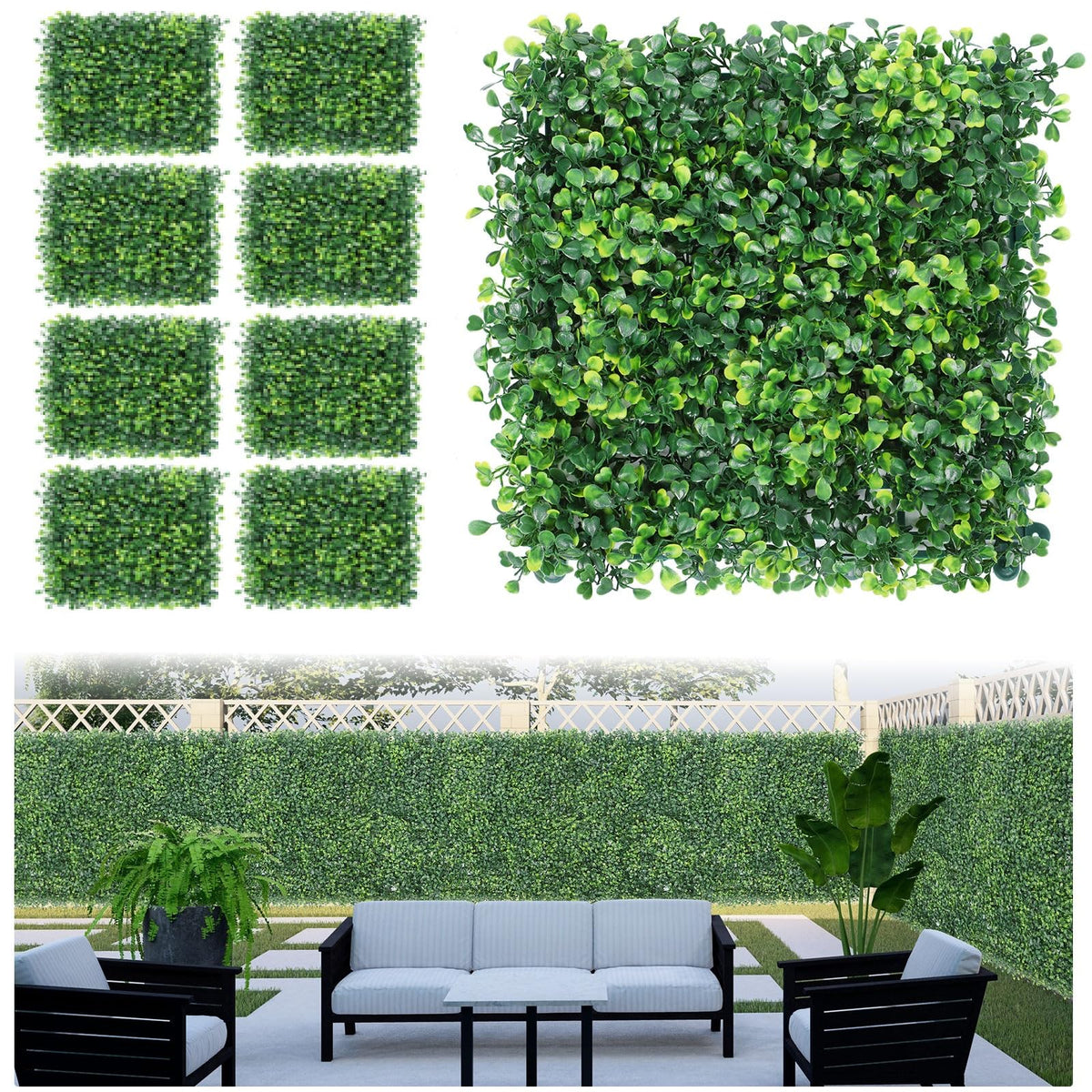 4-Layer Grass Wall Panels 8 Pack, 12”x16” Artificial Boxwood Panel
