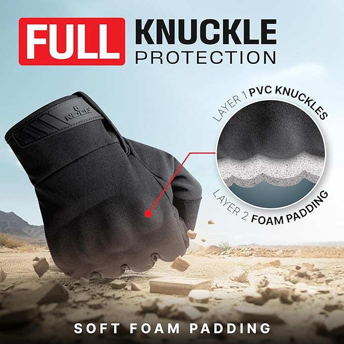 NoCry Water Resistant Tactical Shooting Gloves for Men with Soft Padded Knuckle Guards and Reinforced Palm with Non-Slip Grip — Ideal Heavy Duty Black Airsoft Gloves