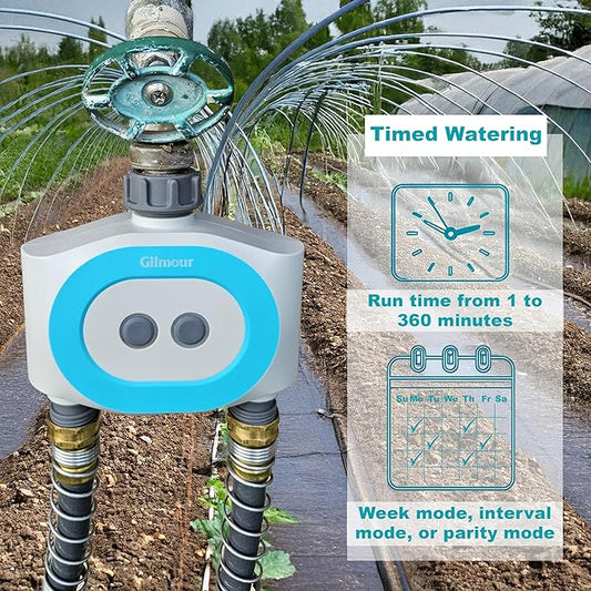 Gilmour Dual Outlet Smart Water Timer, WiFi Automatic Watering System, Rain Delay, Battery Operated, 2 Zone