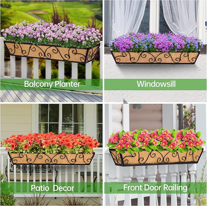 Y&M 30 Inch Window Deck with Coco Liner, Fence Metal Hanging Flower Planter Window Basket Deck Railing Planter Boxes for Outdoor Garden Lawn-Butterfly, 4pcs
