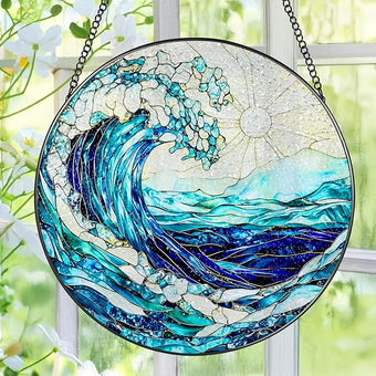 Stained Glass Window Hanging, 8 Inch Ocean Waves Stained Glass Suncatcher, Window Hanging Decor, Beach Decor, Ocean Suncatcher Gift, Beach Lover Gift, Gifts for Couples Friends Family