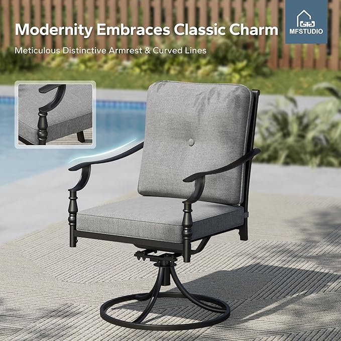 MFSTUDIO Patio Swivel Chairs Set of 2, Outdoor Dining Chairs with Cushions, Heavy Duty Patio Chairs for Deck Backyard Lawn Garden, Metal Frame, Grey