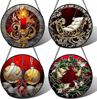 Stained Glass Window Hanging 4 Pcs Set Christmas Golden Bell Sleigh Large 15" - Suncatcher Door Garden Sun Catcher Decor Birthday Mother's Day Xmas Gifts for Mom Woman Nana Men Parents