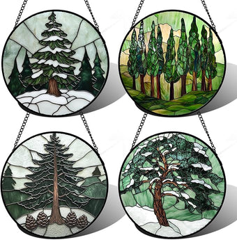 Stained Glass Window Hanging 4 Pcs Set Forest Green Trees Winter Snow 6.3" - Suncatcher Door Garden Sun Catcher Home Decor Birthday Mother's Day for Woman Nana Mom Men