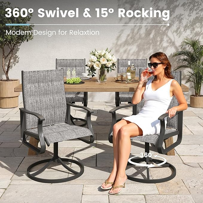 Patio Swivel Chairs Set of 2, Outdoor Dining Chairs with High Back, 360° Swivel Rocker Chair in All-Weather Padded Textilene & Metal Frame for Garden, Porch, Backyard, Balcony(Padded Grey)