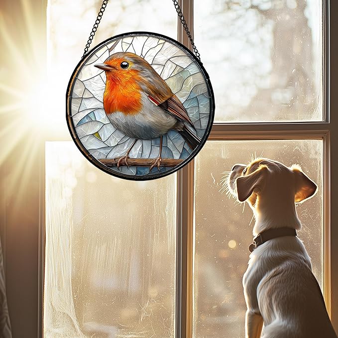 AMDERVEN Stained Glass Window Hanging - Orange Grey Robin Sun Catcher for Door Garden Home Decor Bird Lovers Suncatcher Christmas Mother's Day Birthday Gifts for Women Men Mom Nana 9.8 in