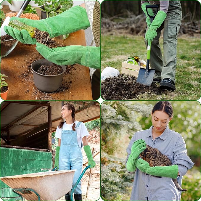 HANDLANDY Leather Gardening Gloves, Thorn Proof Long Gauntlet Heavy Duty Garden Gloves, Elbow Length Rose Pruning Weeding Yard Glove (X-Large, Green)